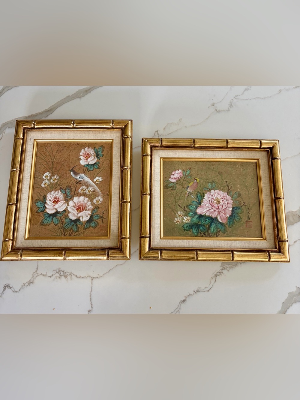 Bamboo Gold Framed Floral Bird Paintings Asian, Hollywood Regency, Botanical